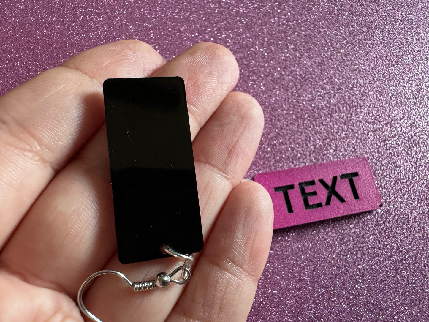 Custom Text Earrings: Laser Engraved Words, Pink with Black Text, Letters, Names, Teacher Gift, Anniversary, Best Gifts for Her/Him/Them