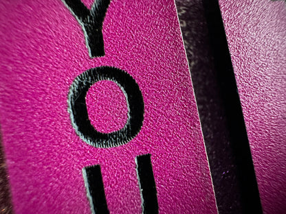 Custom Text Earrings: Laser Engraved Words, Pink with Black Text, Letters, Names, Teacher Gift, Anniversary, Best Gifts for Her/Him/Them