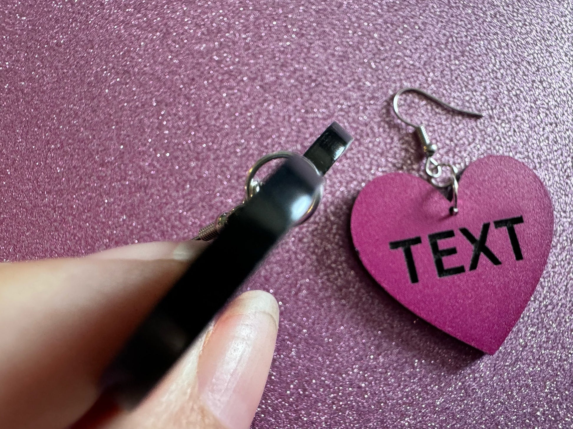 Custom Text Earrings: Laser Engraved Words, Pink with Black Text, Letters, Names, Teacher Gift, Anniversary, Best Gifts for Her/Him/Them