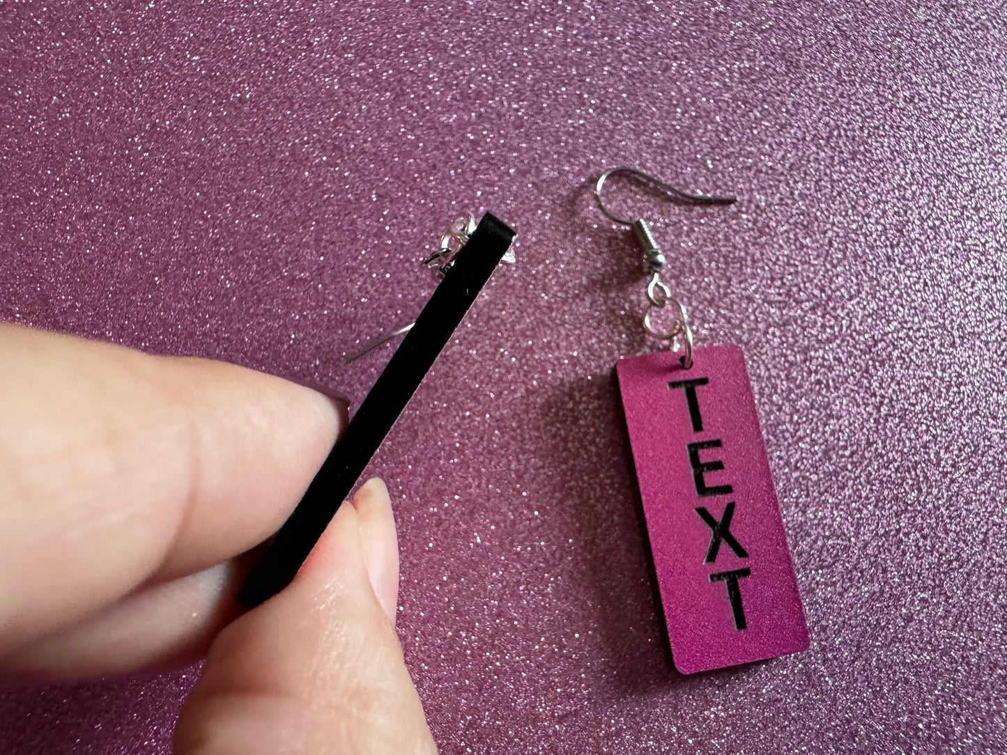 Custom Text Earrings: Laser Engraved Words, Pink with Black Text, Letters, Names, Teacher Gift, Anniversary, Best Gifts for Her/Him/Them