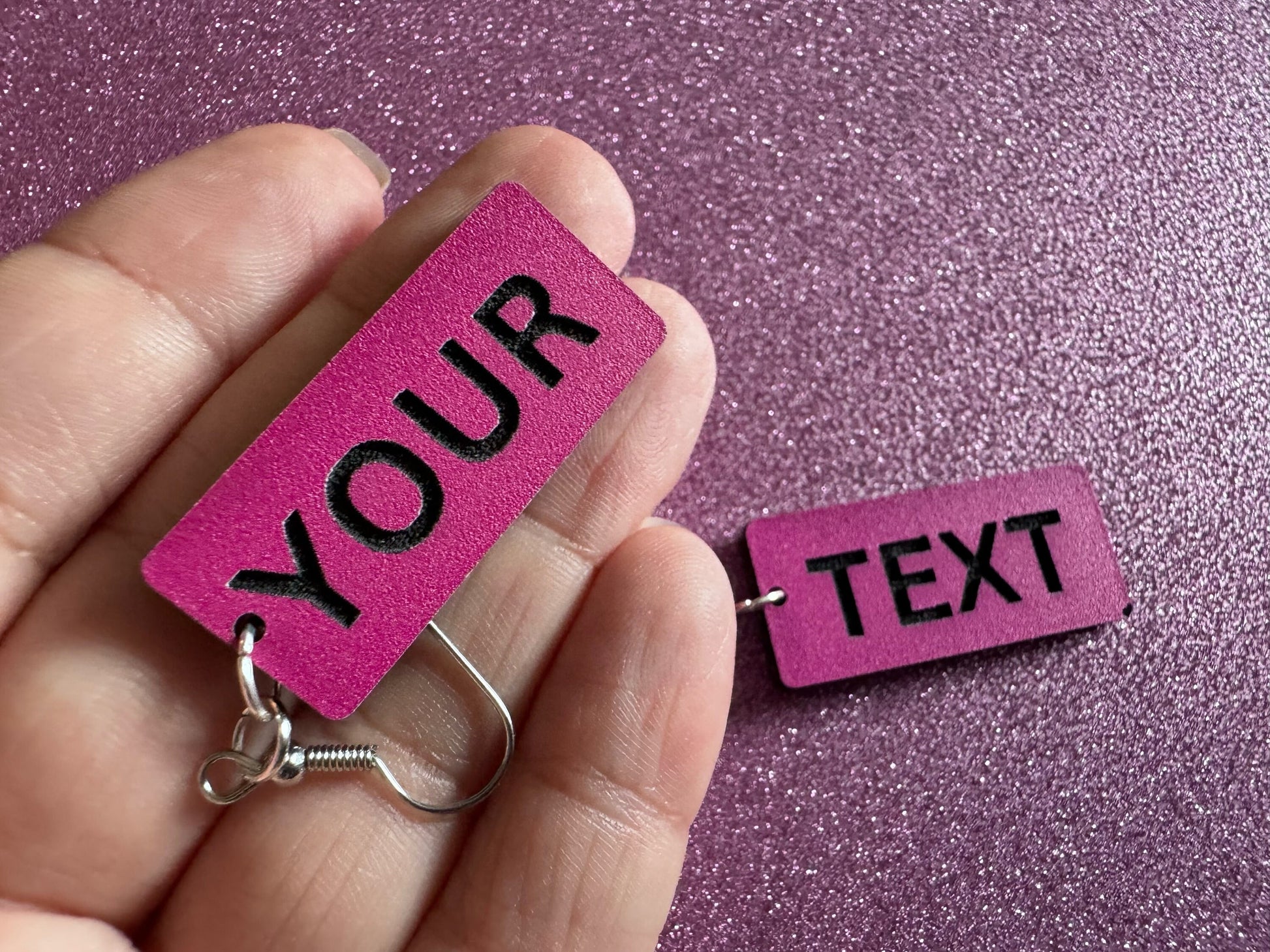 Custom Text Earrings: Laser Engraved Words, Pink with Black Text, Letters, Names, Teacher Gift, Anniversary, Best Gifts for Her/Him/Them