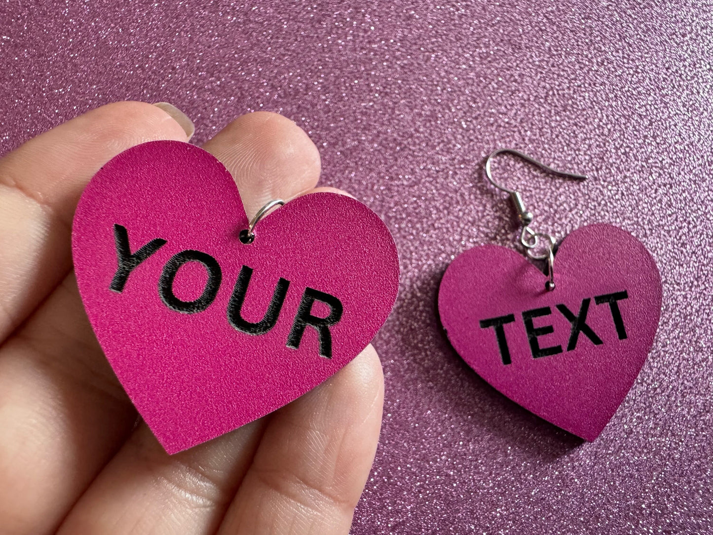 Custom Text Earrings: Laser Engraved Words, Pink with Black Text, Letters, Names, Teacher Gift, Anniversary, Best Gifts for Her/Him/Them