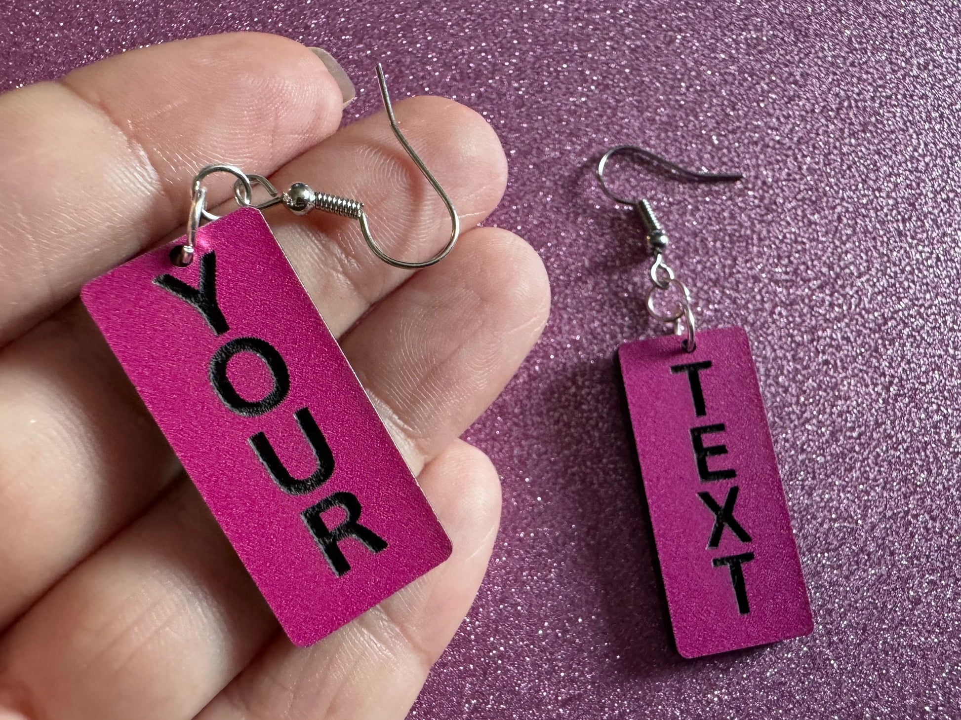 Custom Text Earrings: Laser Engraved Words, Pink with Black Text, Letters, Names, Teacher Gift, Anniversary, Best Gifts for Her/Him/Them