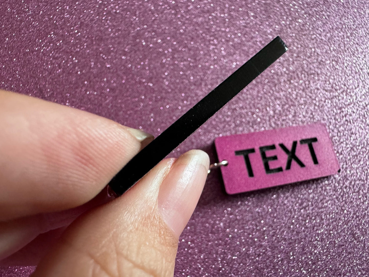 Custom Text Earrings: Laser Engraved Words, Pink with Black Text, Letters, Names, Teacher Gift, Anniversary, Best Gifts for Her/Him/Them