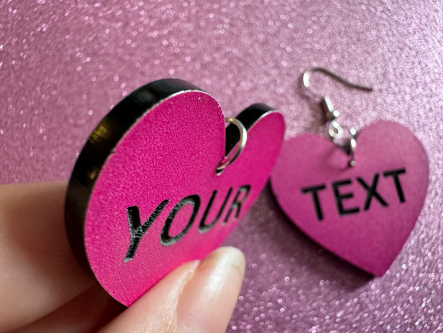 Custom Text Earrings: Laser Engraved Words, Pink with Black Text, Letters, Names, Teacher Gift, Anniversary, Best Gifts for Her/Him/Them