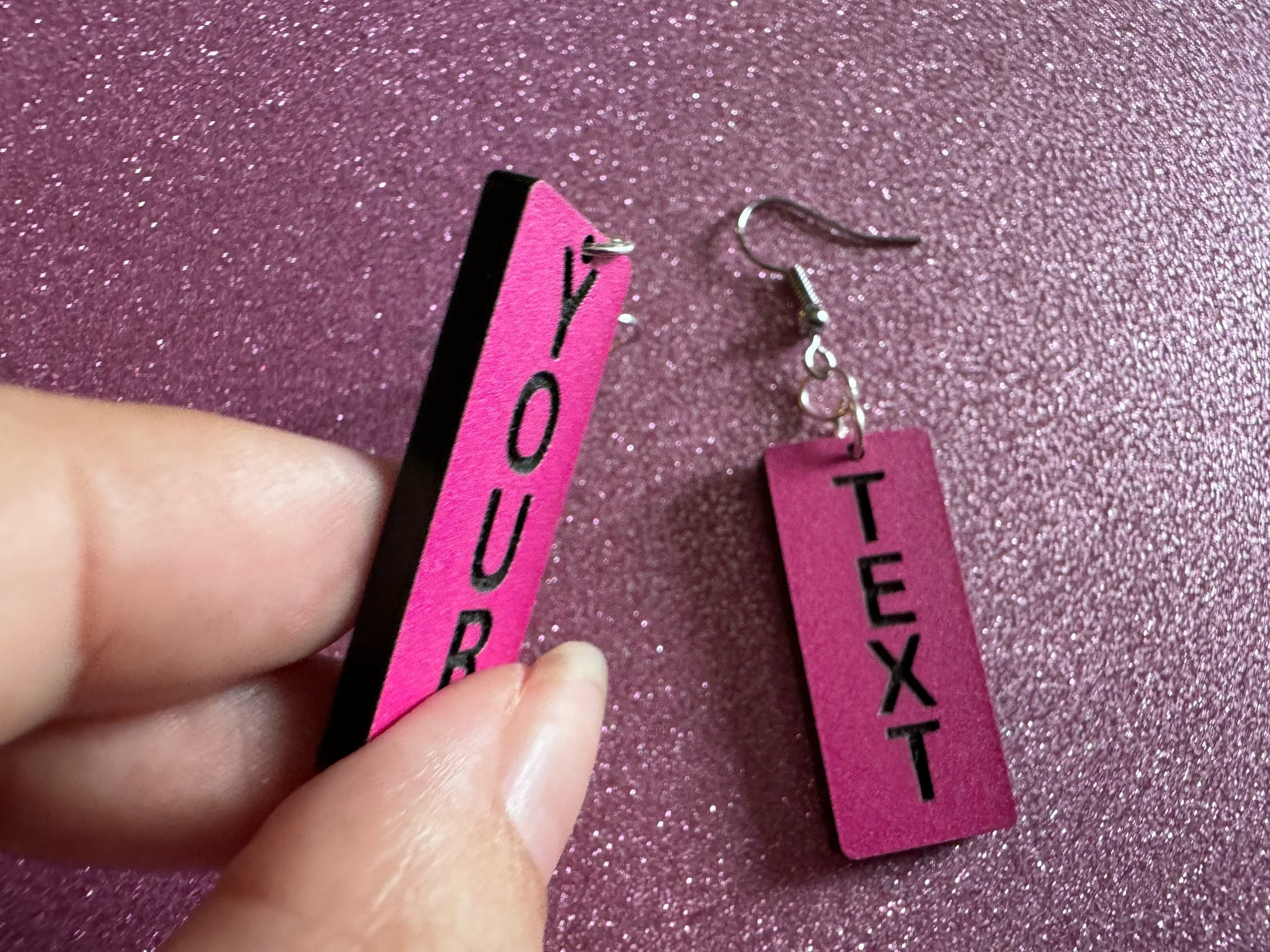 Custom Text Earrings: Laser Engraved Words, Pink with Black Text, Letters, Names, Teacher Gift, Anniversary, Best Gifts for Her/Him/Them
