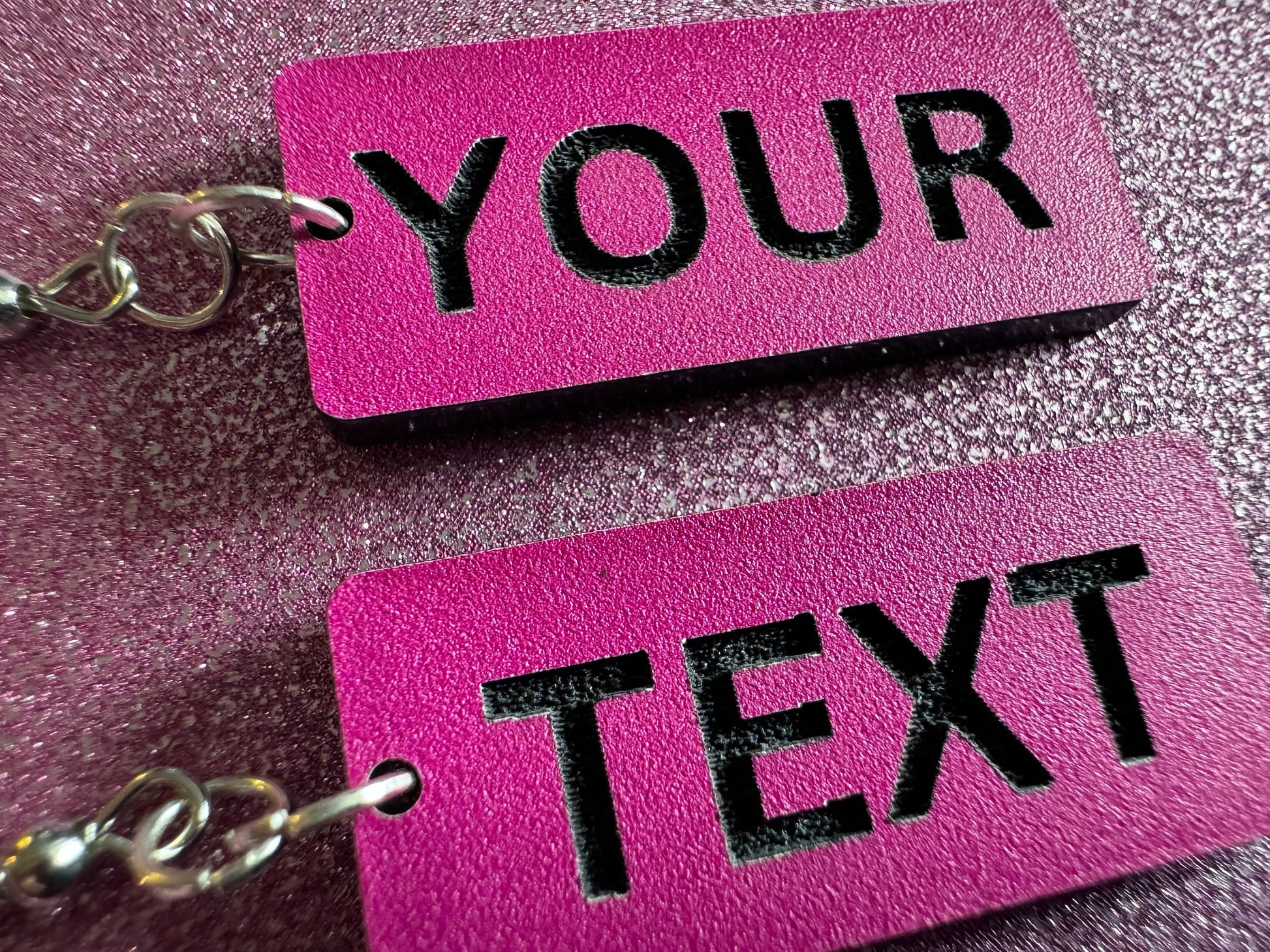 Custom Text Earrings: Laser Engraved Words, Pink with Black Text, Letters, Names, Teacher Gift, Anniversary, Best Gifts for Her/Him/Them