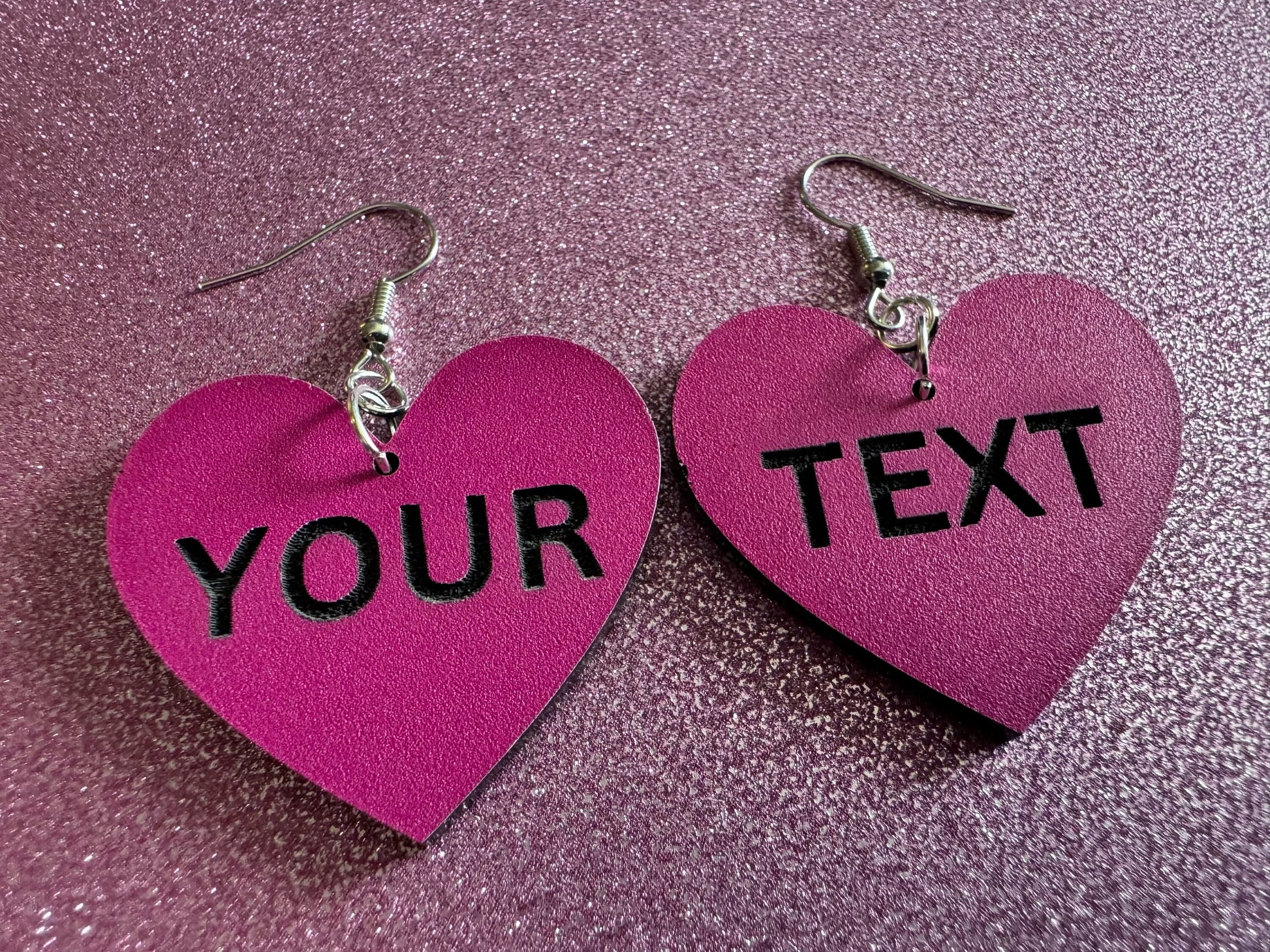 Custom Text Earrings: Laser Engraved Words, Pink with Black Text, Letters, Names, Teacher Gift, Anniversary, Best Gifts for Her/Him/Them