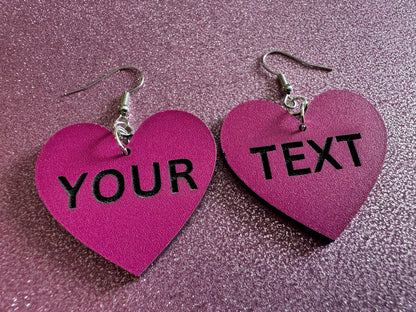 Custom Text Earrings: Laser Engraved Words, Pink with Black Text, Letters, Names, Teacher Gift, Anniversary, Best Gifts for Her/Him/Them