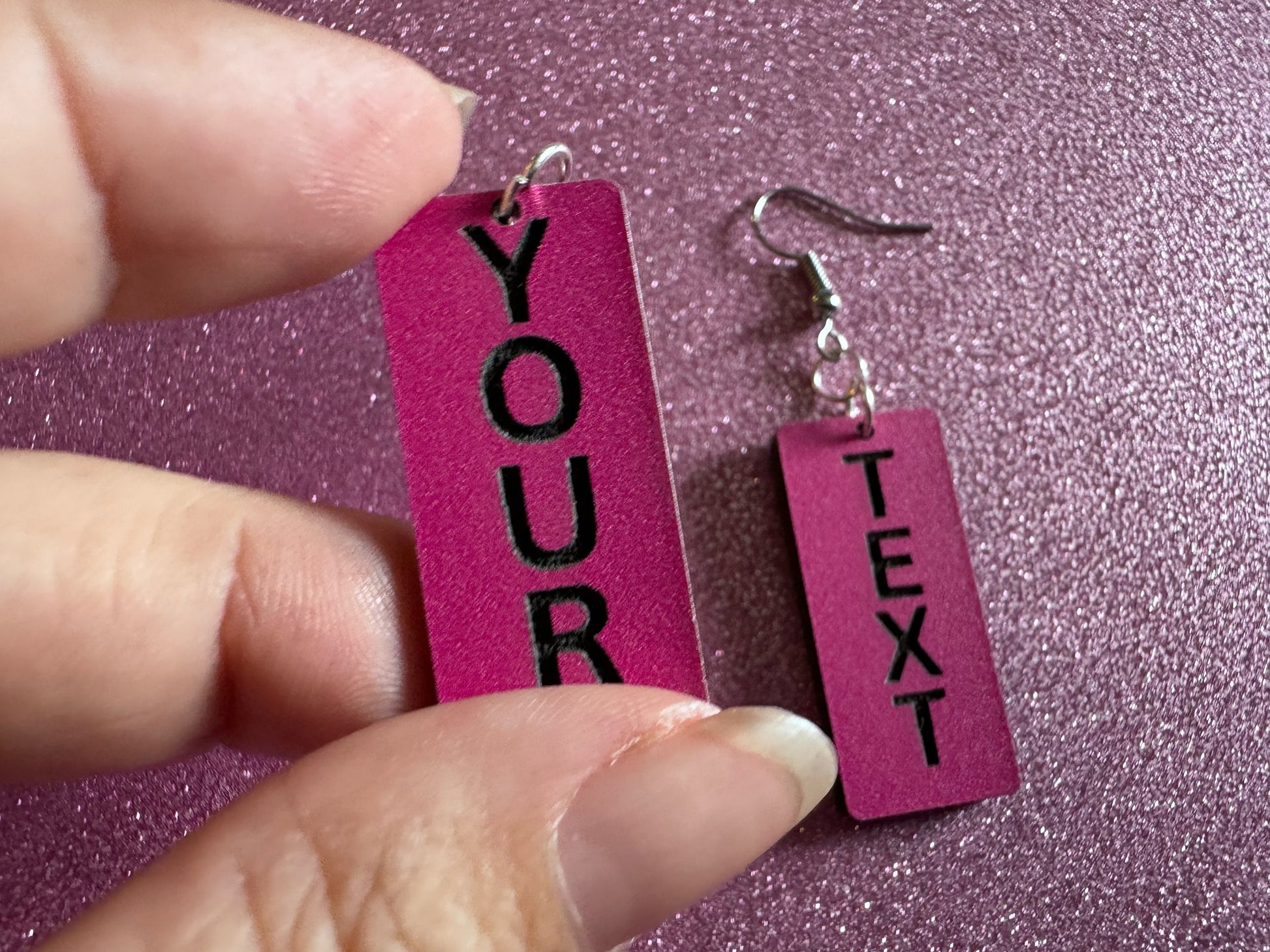 Custom Text Earrings: Laser Engraved Words, Pink with Black Text, Letters, Names, Teacher Gift, Anniversary, Best Gifts for Her/Him/Them