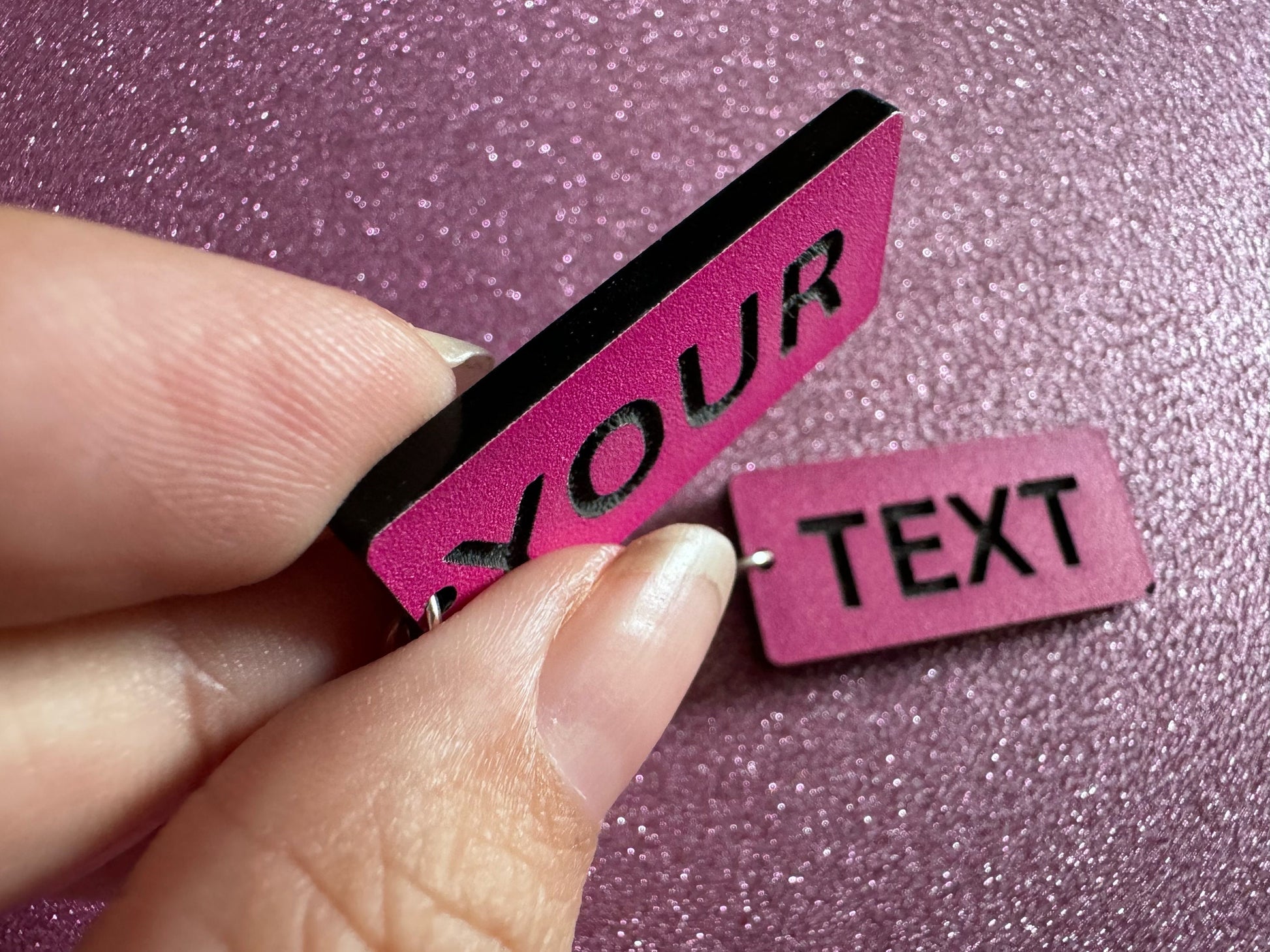 Custom Text Earrings: Laser Engraved Words, Pink with Black Text, Letters, Names, Teacher Gift, Anniversary, Best Gifts for Her/Him/Them