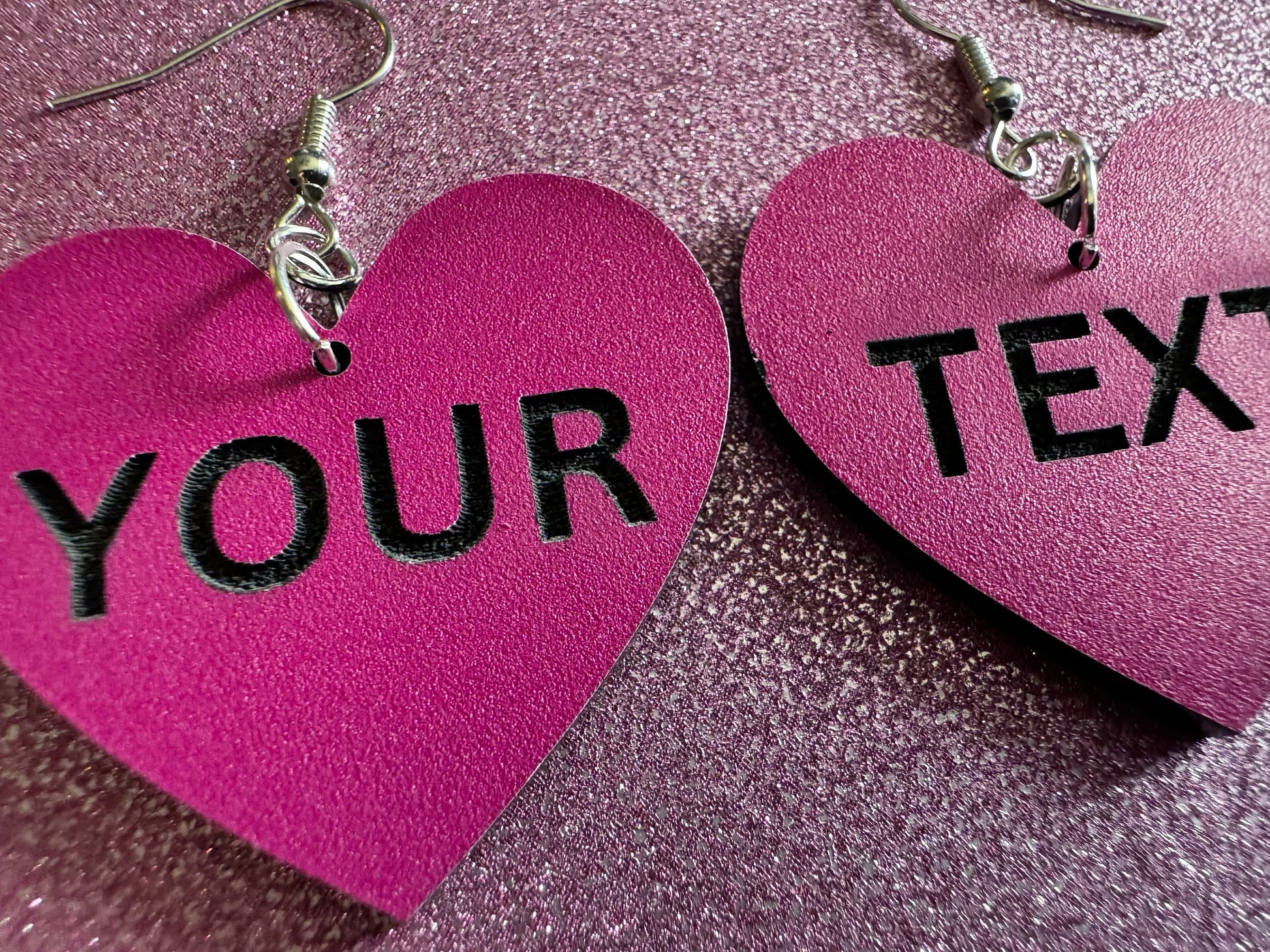 Custom Text Earrings: Laser Engraved Words, Pink with Black Text, Letters, Names, Teacher Gift, Anniversary, Best Gifts for Her/Him/Them