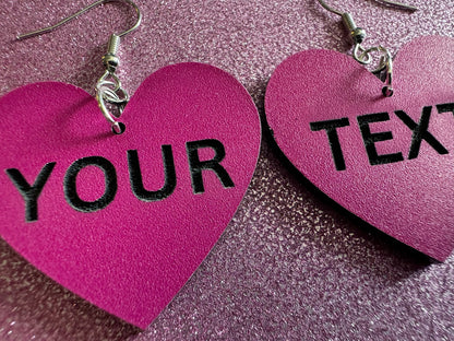 Custom Text Earrings: Laser Engraved Words, Pink with Black Text, Letters, Names, Teacher Gift, Anniversary, Best Gifts for Her/Him/Them