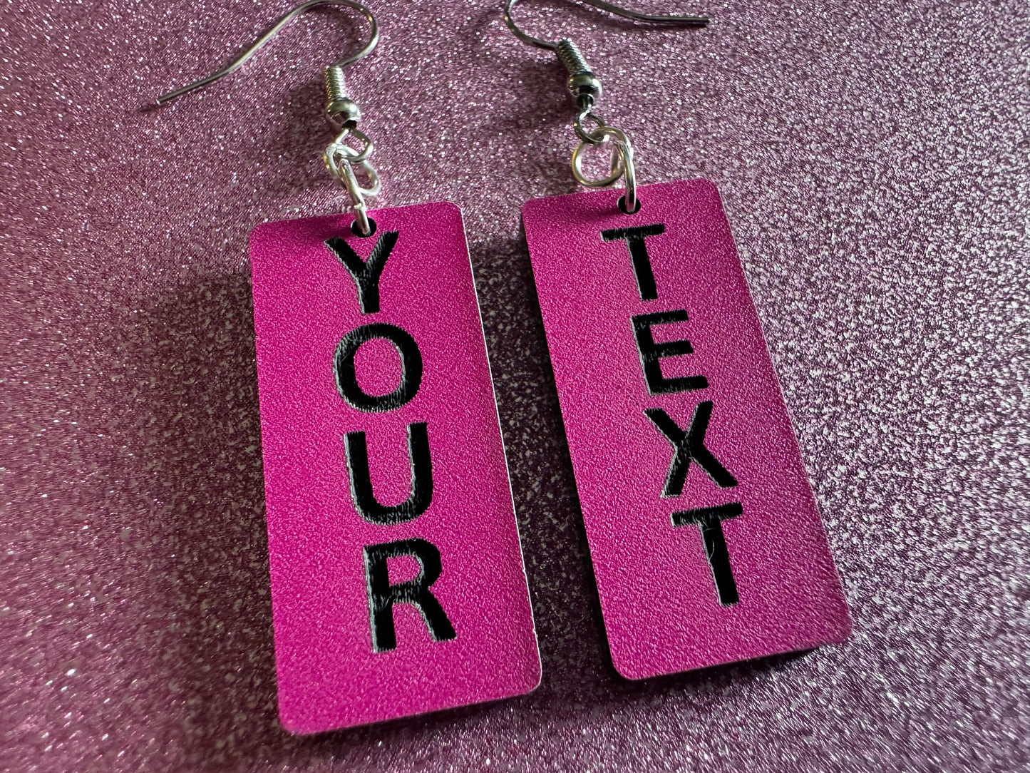 Custom Text Earrings: Laser Engraved Words, Pink with Black Text, Letters, Names, Teacher Gift, Anniversary, Best Gifts for Her/Him/Them