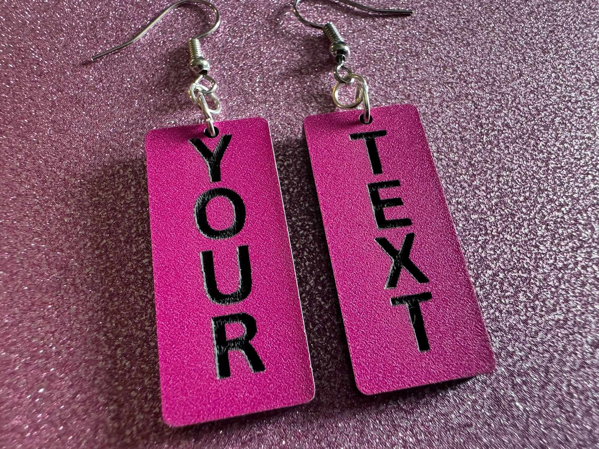 Custom Text Earrings: Laser Engraved Words, Pink with Black Text, Letters, Names, Teacher Gift, Anniversary, Best Gifts for Her/Him/Them