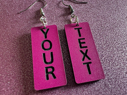 Custom Text Earrings: Laser Engraved Words, Pink with Black Text, Letters, Names, Teacher Gift, Anniversary, Best Gifts for Her/Him/Them