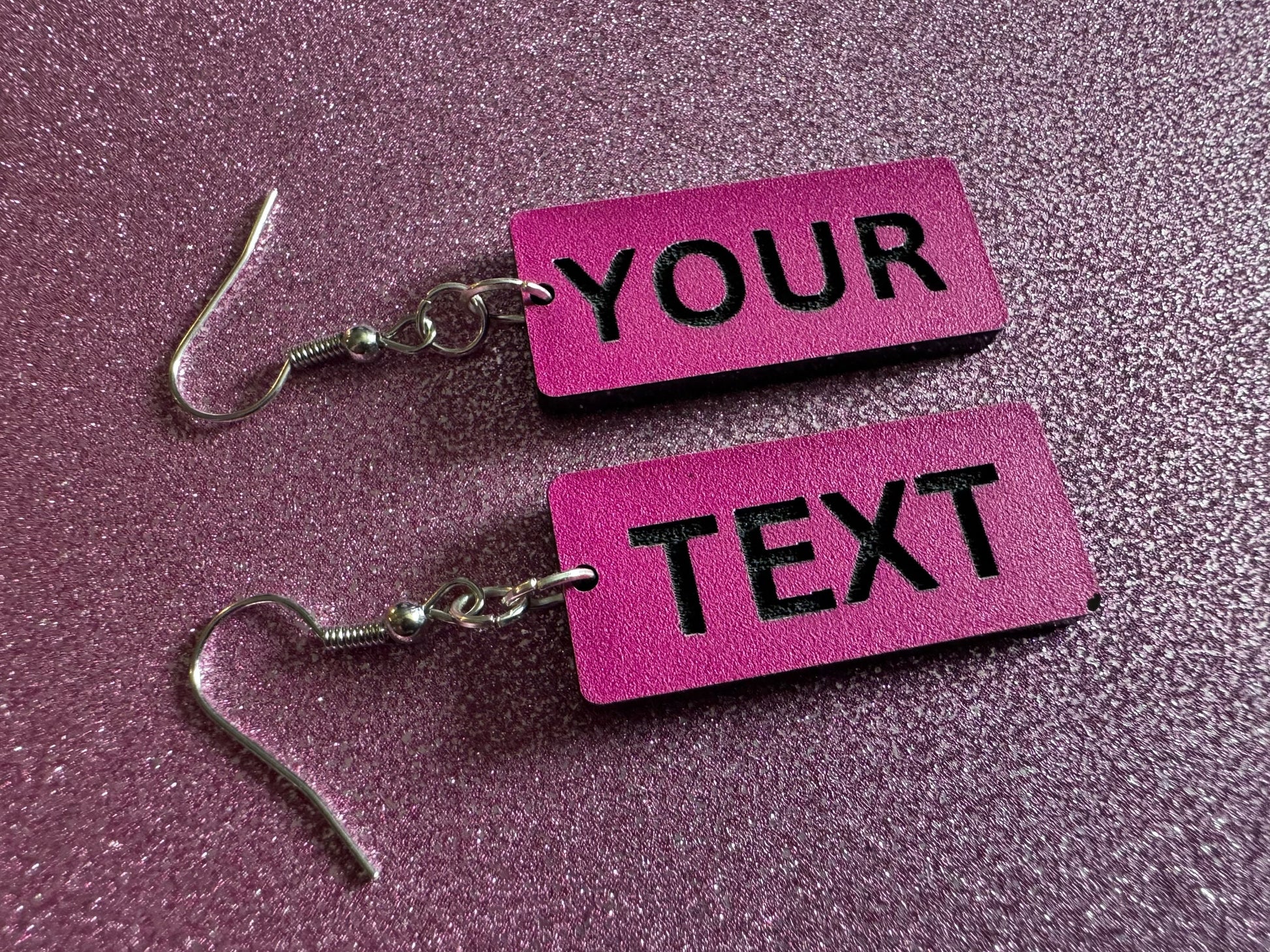 Custom Text Earrings: Laser Engraved Words, Pink with Black Text, Letters, Names, Teacher Gift, Anniversary, Best Gifts for Her/Him/Them
