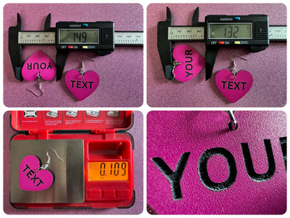 Custom Text Earrings: Laser Engraved Words, Pink with Black Text, Letters, Names, Teacher Gift, Anniversary, Best Gifts for Her/Him/Them