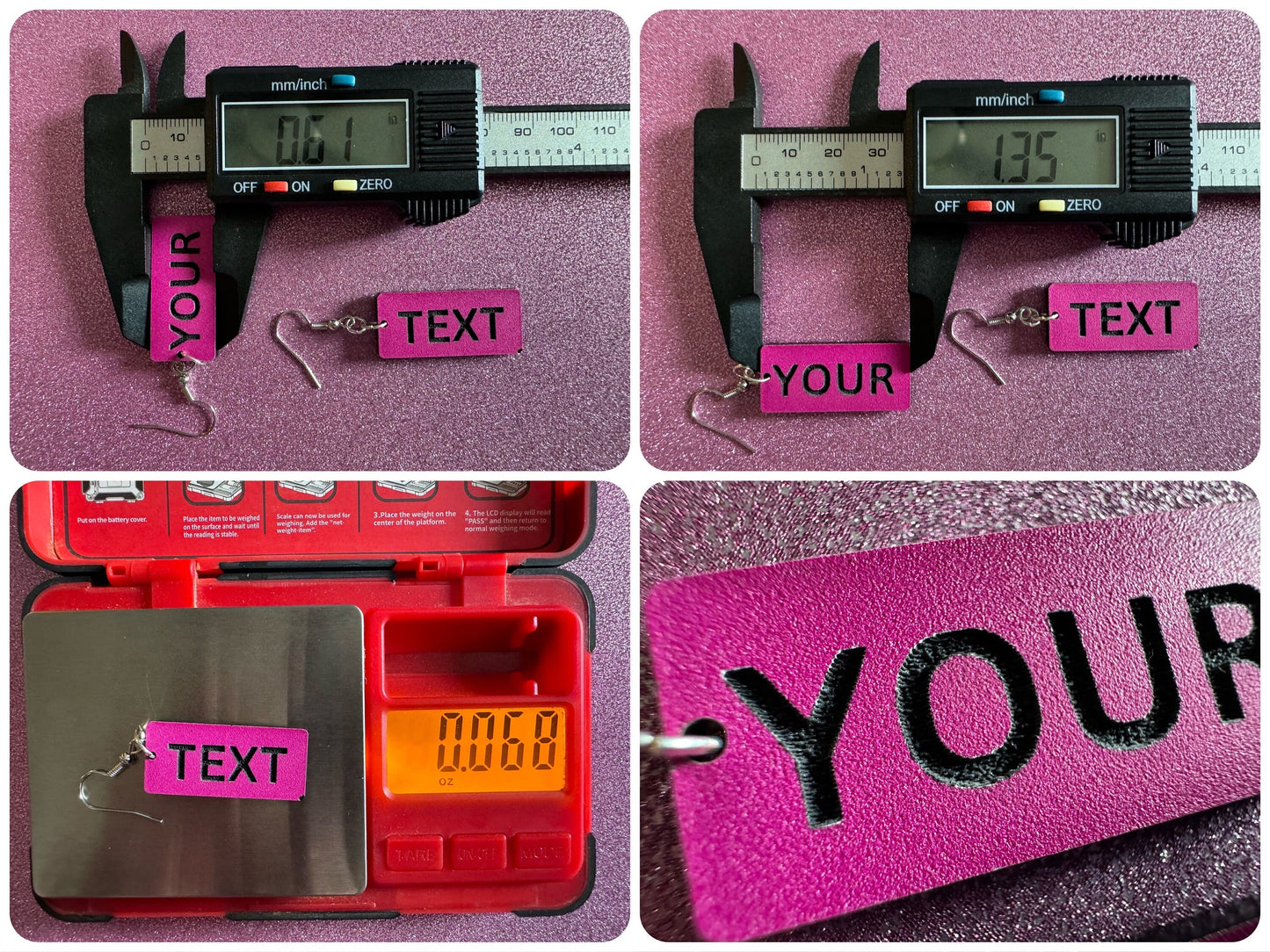 Custom Text Earrings: Laser Engraved Words, Pink with Black Text, Letters, Names, Teacher Gift, Anniversary, Best Gifts for Her/Him/Them