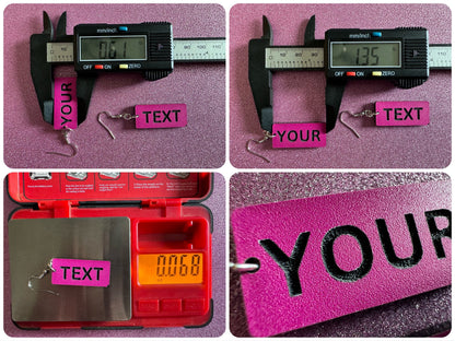 Custom Text Earrings: Laser Engraved Words, Pink with Black Text, Letters, Names, Teacher Gift, Anniversary, Best Gifts for Her/Him/Them