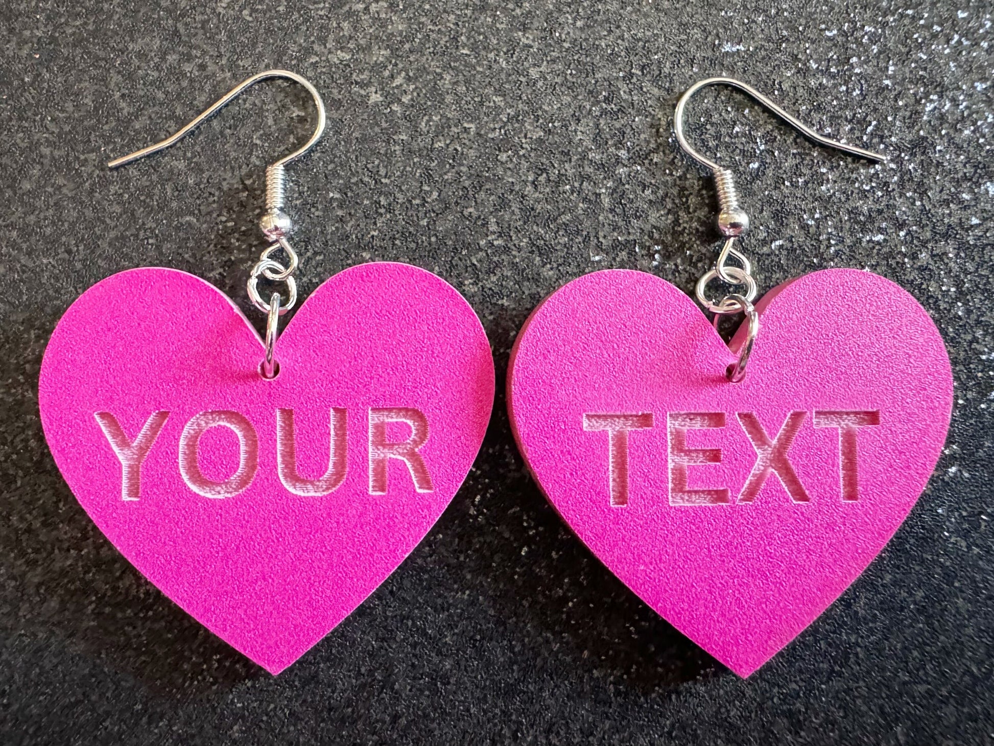 Custom Text Earrings: Laser Engraved Words, Pink with Pink Text, Letters, Names, Teacher Gift, Anniversary, Best Gifts for Her/Him/Them