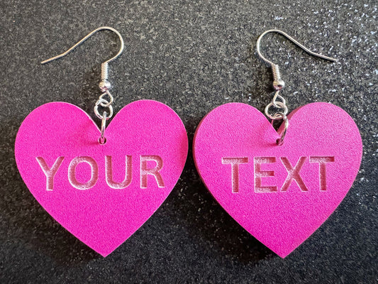 Custom Text Earrings: Laser Engraved Words, Pink with Pink Text, Letters, Names, Teacher Gift, Anniversary, Best Gifts for Her/Him/Them