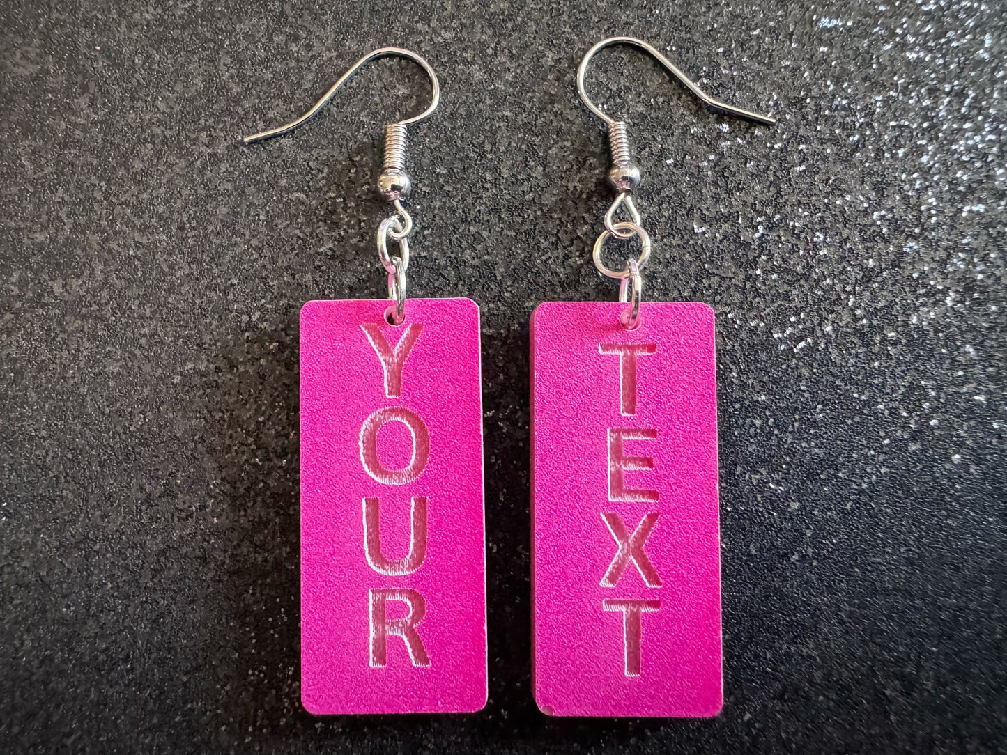 Custom Text Earrings: Laser Engraved Words, Pink with Pink Text, Letters, Names, Teacher Gift, Anniversary, Best Gifts for Her/Him/Them