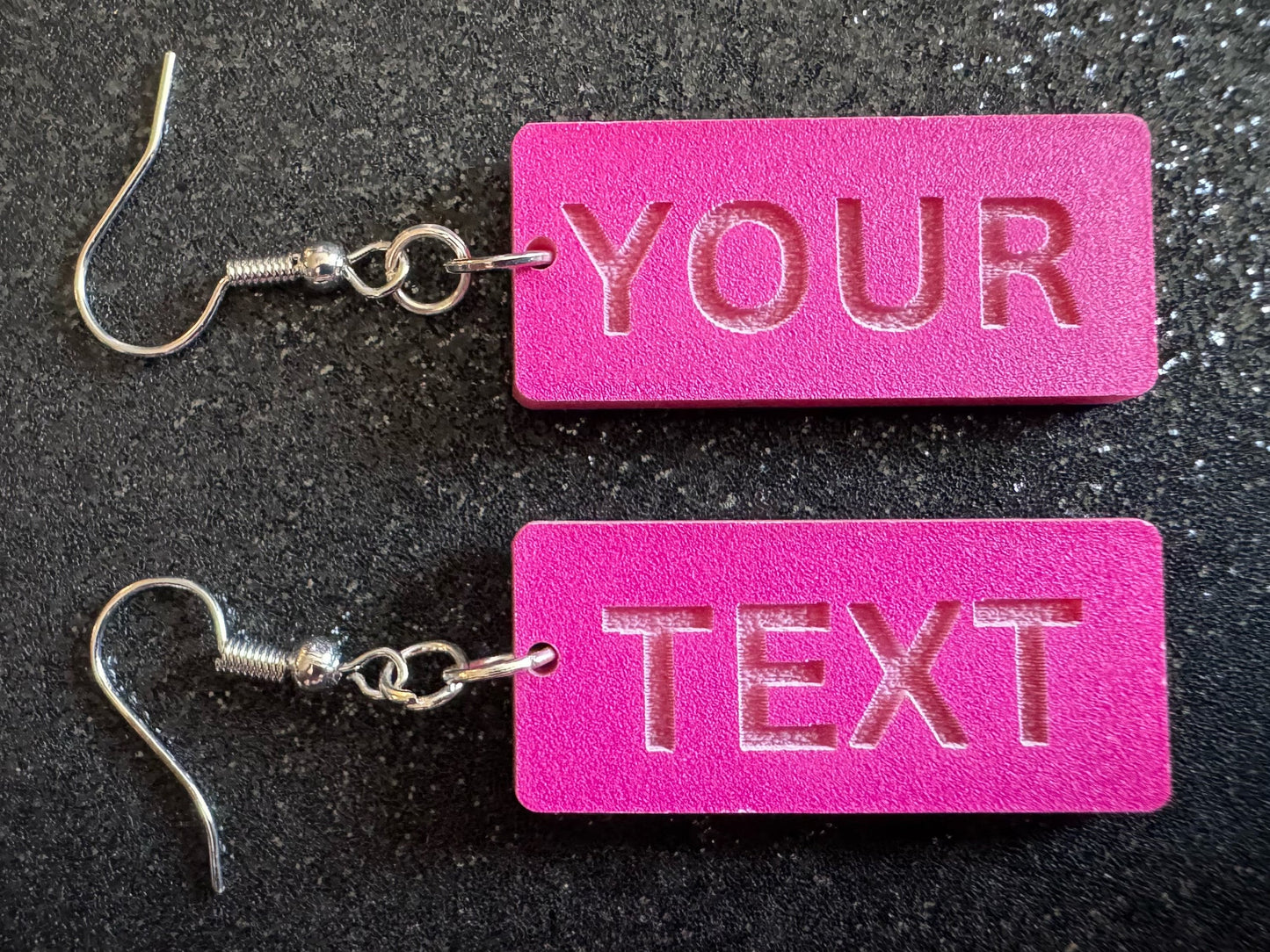 Custom Text Earrings: Laser Engraved Words, Pink with Pink Text, Letters, Names, Teacher Gift, Anniversary, Best Gifts for Her/Him/Them