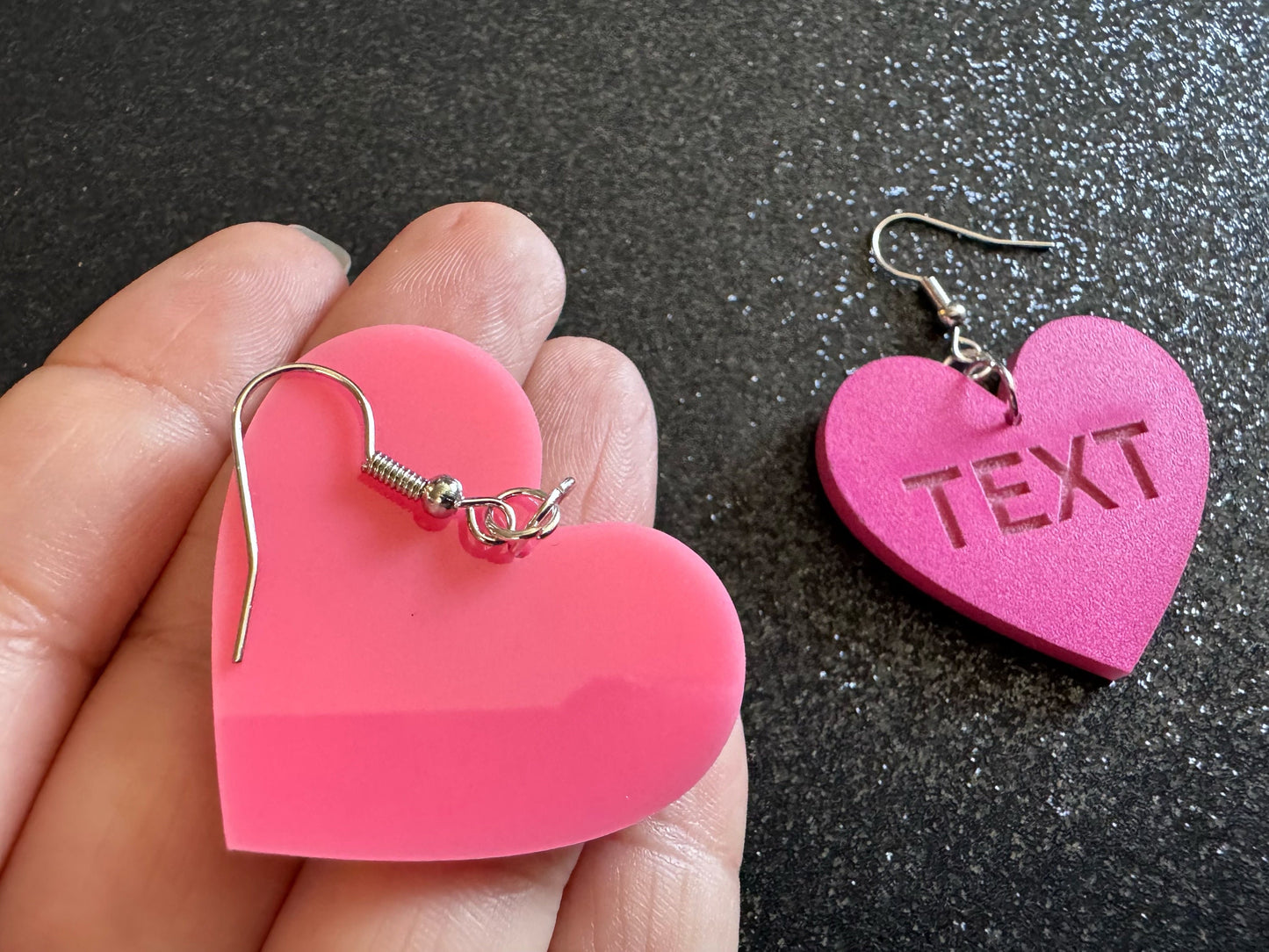 Custom Text Earrings: Laser Engraved Words, Pink with Pink Text, Letters, Names, Teacher Gift, Anniversary, Best Gifts for Her/Him/Them