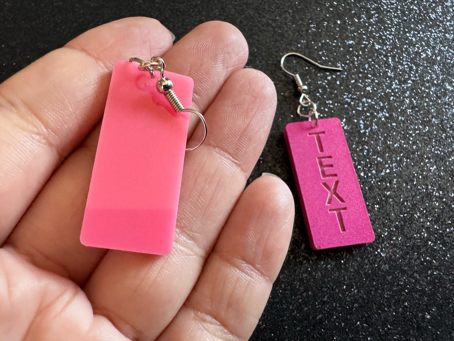 Custom Text Earrings: Laser Engraved Words, Pink with Pink Text, Letters, Names, Teacher Gift, Anniversary, Best Gifts for Her/Him/Them
