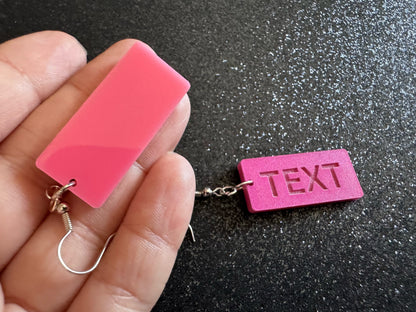 Custom Text Earrings: Laser Engraved Words, Pink with Pink Text, Letters, Names, Teacher Gift, Anniversary, Best Gifts for Her/Him/Them