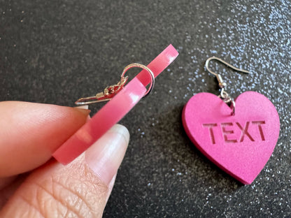 Custom Text Earrings: Laser Engraved Words, Pink with Pink Text, Letters, Names, Teacher Gift, Anniversary, Best Gifts for Her/Him/Them