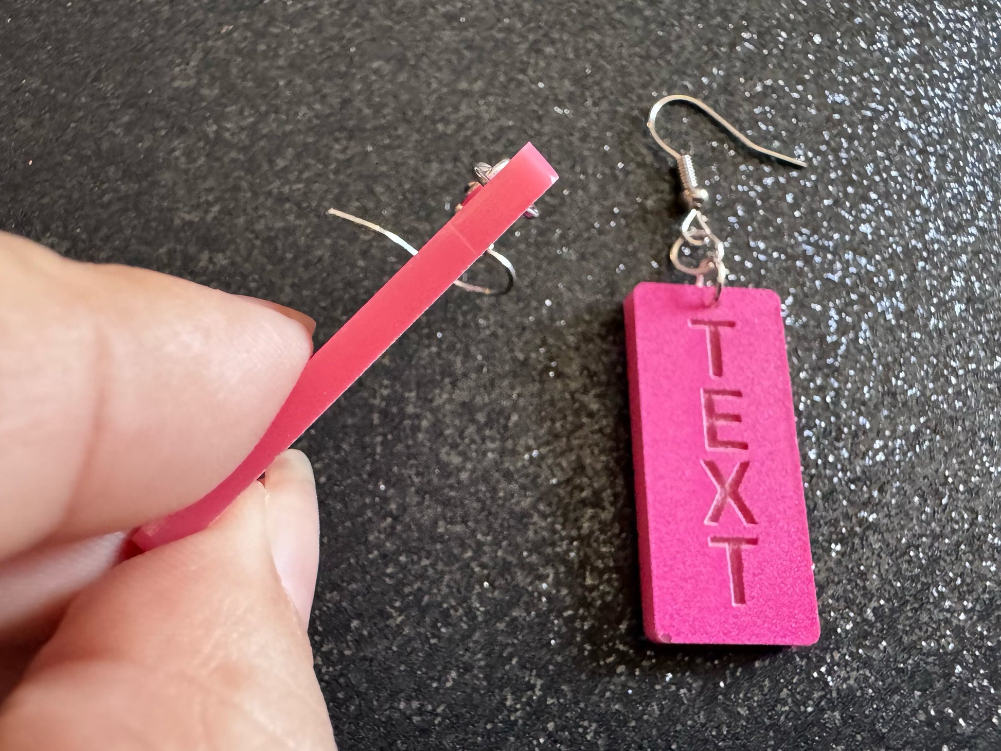 Custom Text Earrings: Laser Engraved Words, Pink with Pink Text, Letters, Names, Teacher Gift, Anniversary, Best Gifts for Her/Him/Them