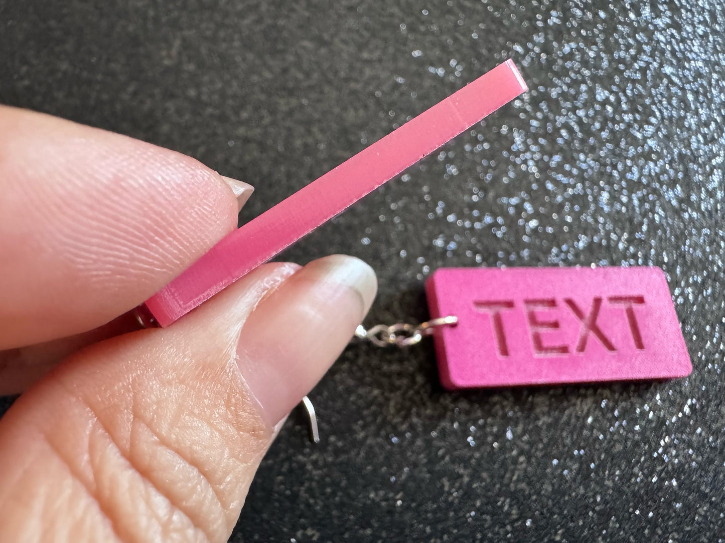 Custom Text Earrings: Laser Engraved Words, Pink with Pink Text, Letters, Names, Teacher Gift, Anniversary, Best Gifts for Her/Him/Them