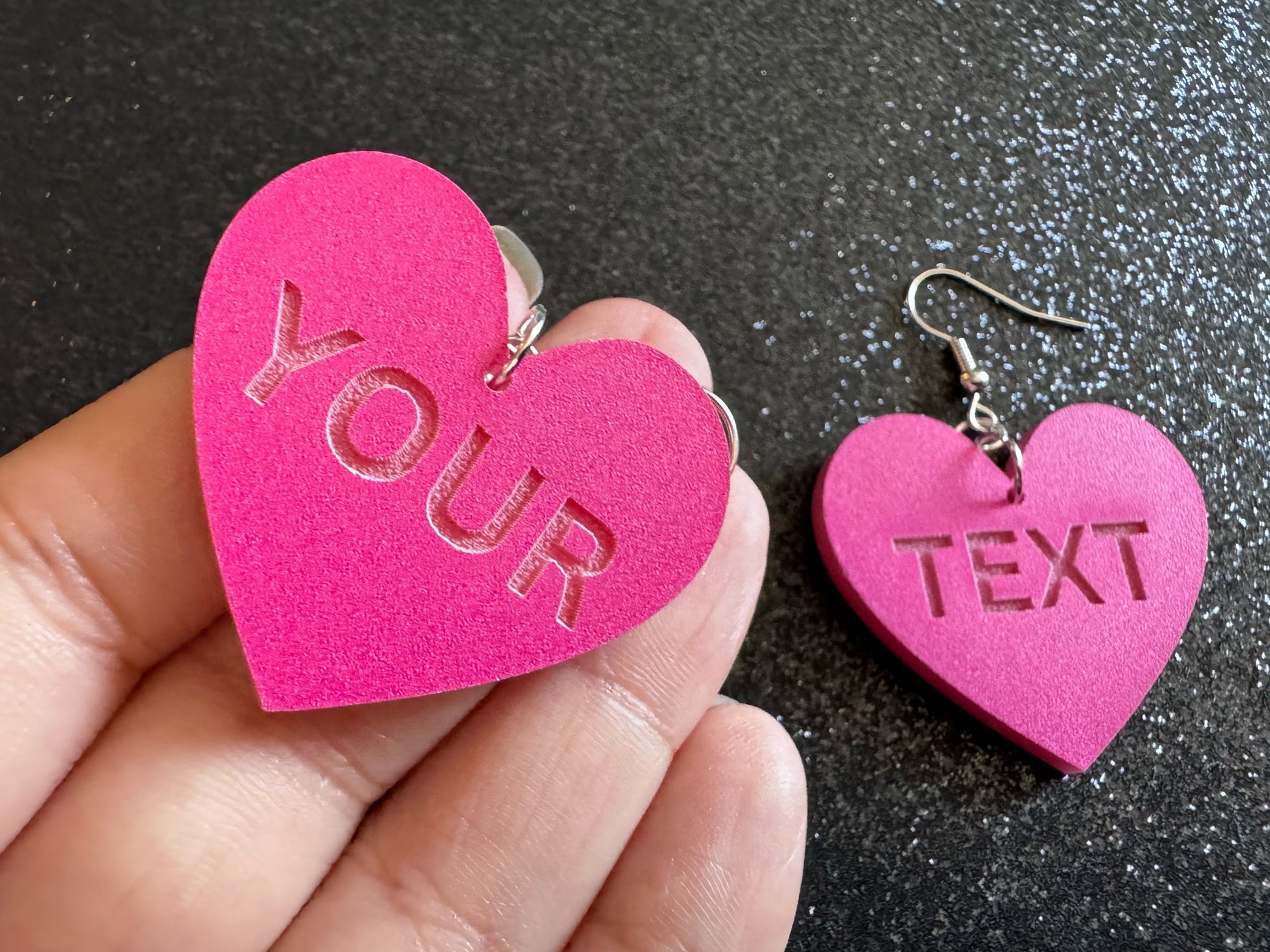 Custom Text Earrings: Laser Engraved Words, Pink with Pink Text, Letters, Names, Teacher Gift, Anniversary, Best Gifts for Her/Him/Them