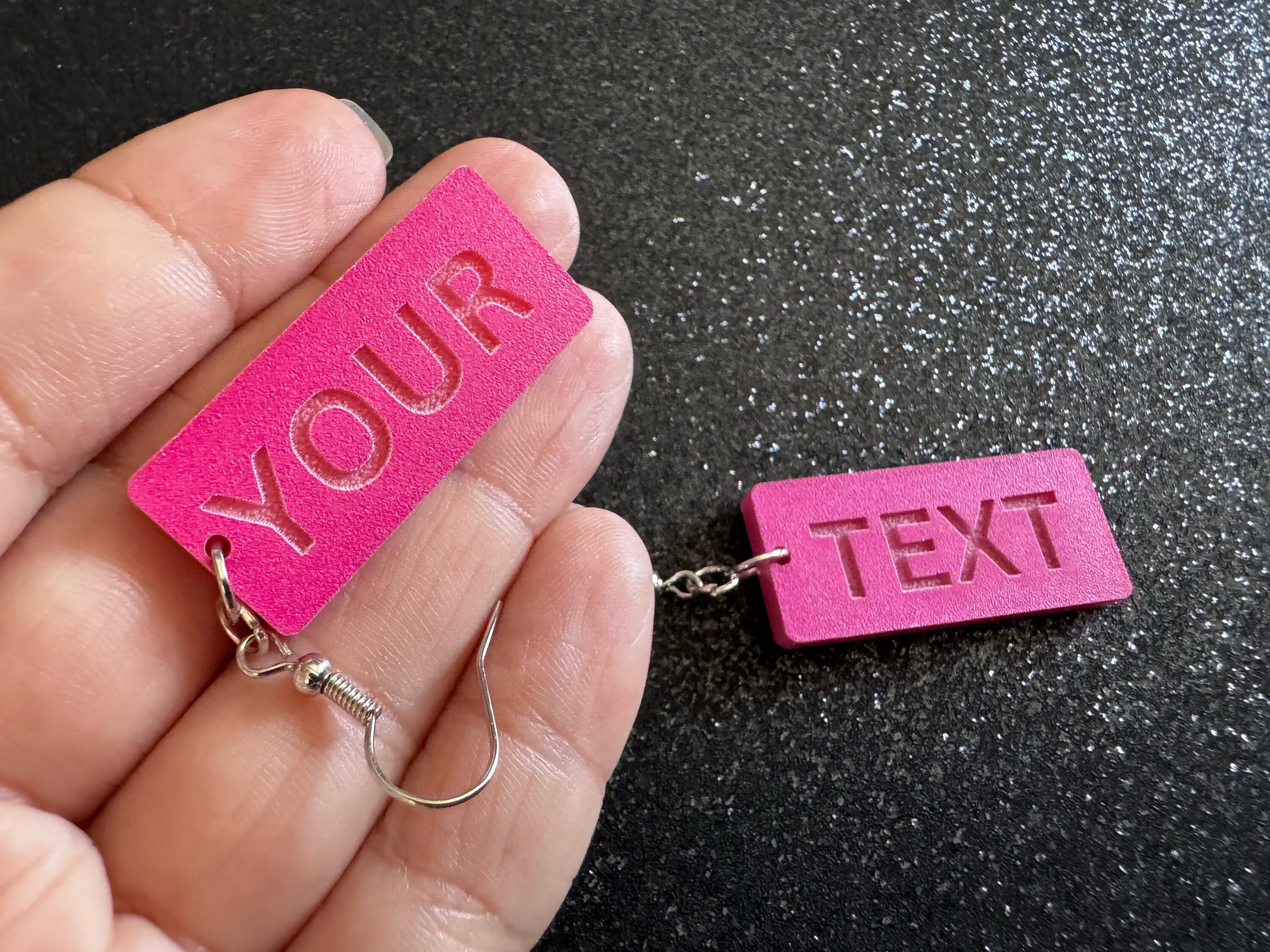 Custom Text Earrings: Laser Engraved Words, Pink with Pink Text, Letters, Names, Teacher Gift, Anniversary, Best Gifts for Her/Him/Them