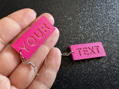 Custom Text Earrings: Laser Engraved Words, Pink with Pink Text, Letters, Names, Teacher Gift, Anniversary, Best Gifts for Her/Him/Them