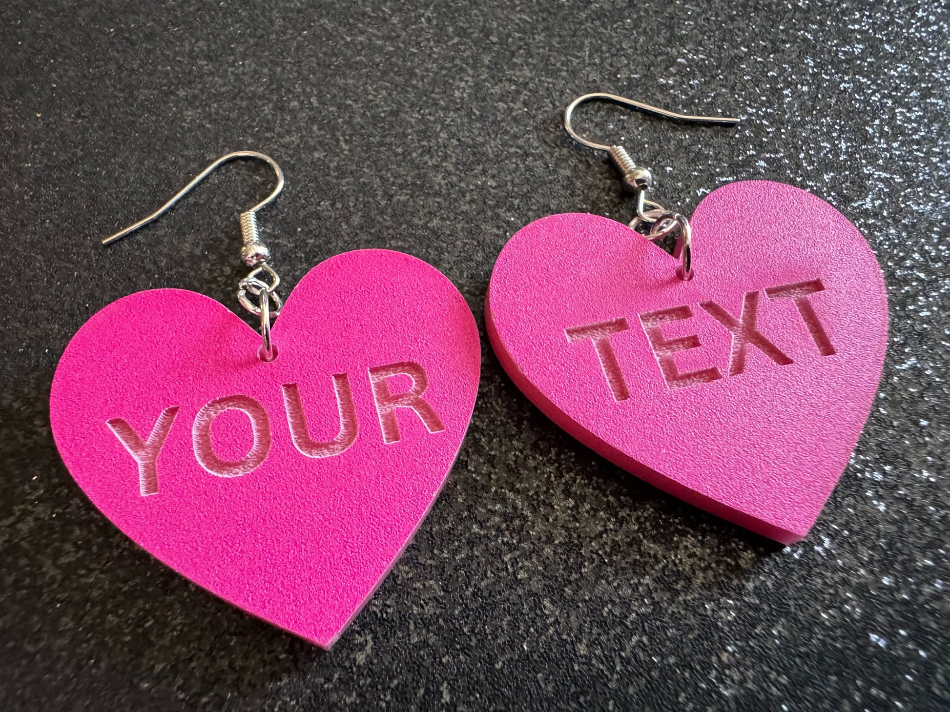 Custom Text Earrings: Laser Engraved Words, Pink with Pink Text, Letters, Names, Teacher Gift, Anniversary, Best Gifts for Her/Him/Them