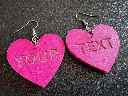 Custom Text Earrings: Laser Engraved Words, Pink with Pink Text, Letters, Names, Teacher Gift, Anniversary, Best Gifts for Her/Him/Them