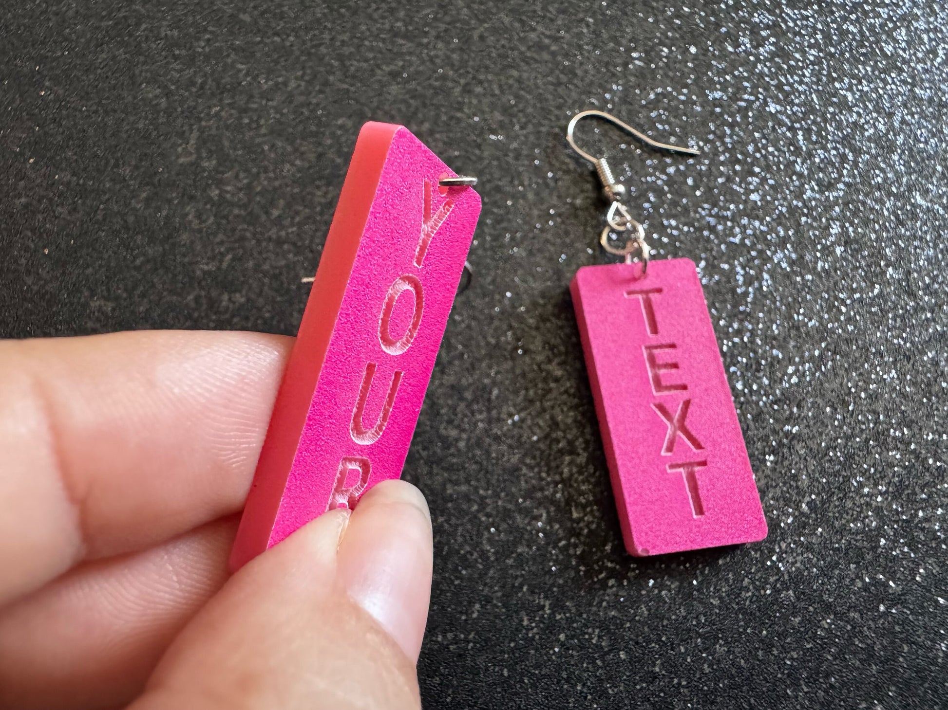 Custom Text Earrings: Laser Engraved Words, Pink with Pink Text, Letters, Names, Teacher Gift, Anniversary, Best Gifts for Her/Him/Them