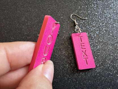 Custom Text Earrings: Laser Engraved Words, Pink with Pink Text, Letters, Names, Teacher Gift, Anniversary, Best Gifts for Her/Him/Them