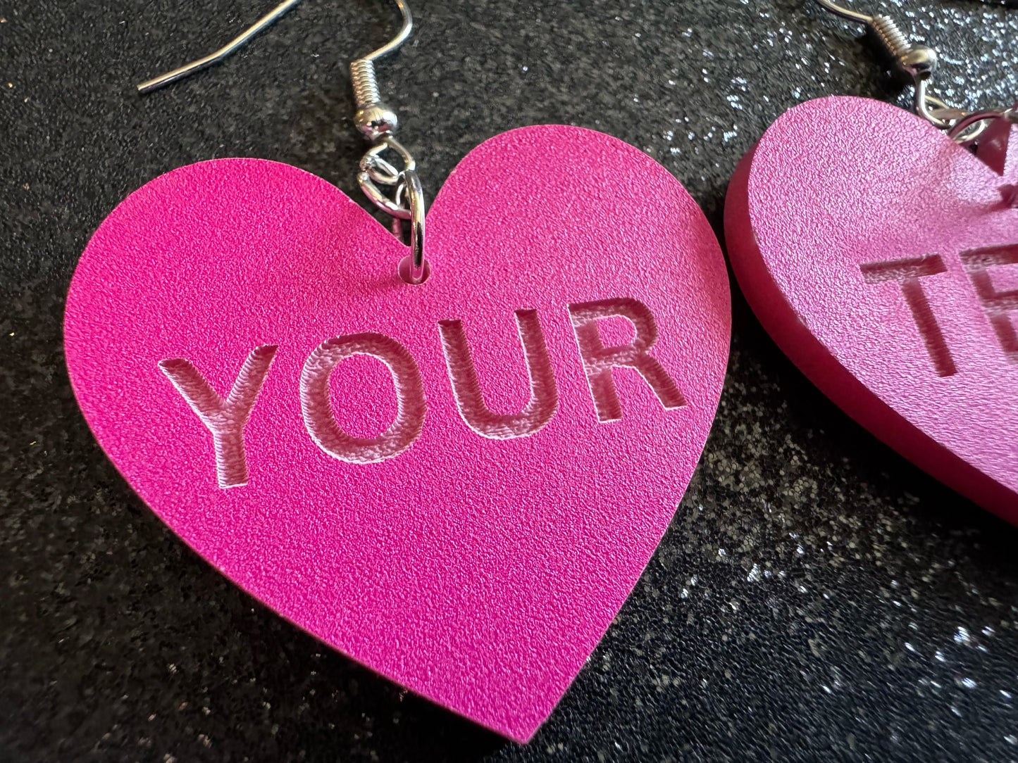Custom Text Earrings: Laser Engraved Words, Pink with Pink Text, Letters, Names, Teacher Gift, Anniversary, Best Gifts for Her/Him/Them