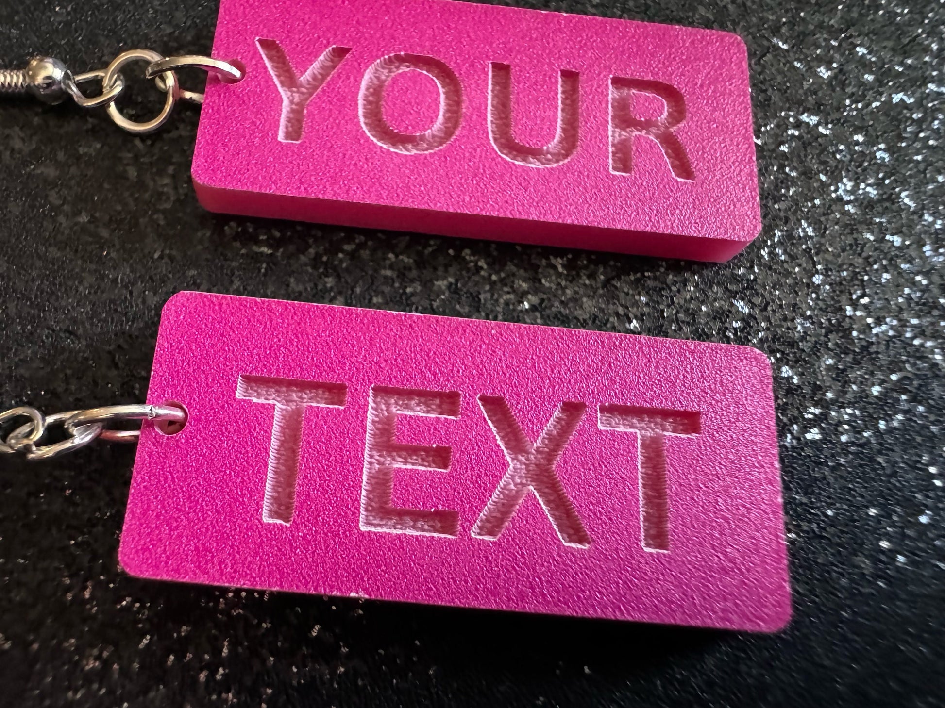 Custom Text Earrings: Laser Engraved Words, Pink with Pink Text, Letters, Names, Teacher Gift, Anniversary, Best Gifts for Her/Him/Them