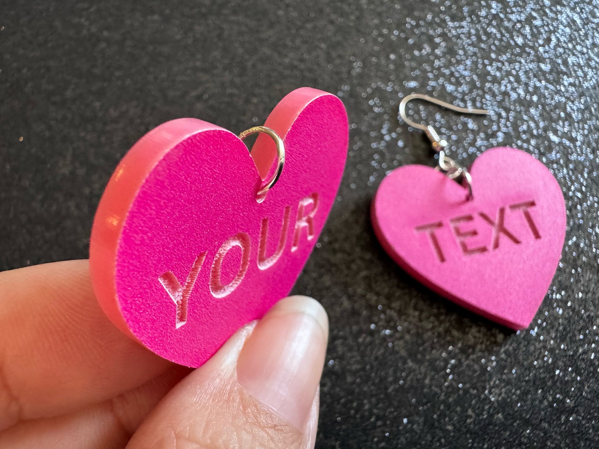 Custom Text Earrings: Laser Engraved Words, Pink with Pink Text, Letters, Names, Teacher Gift, Anniversary, Best Gifts for Her/Him/Them