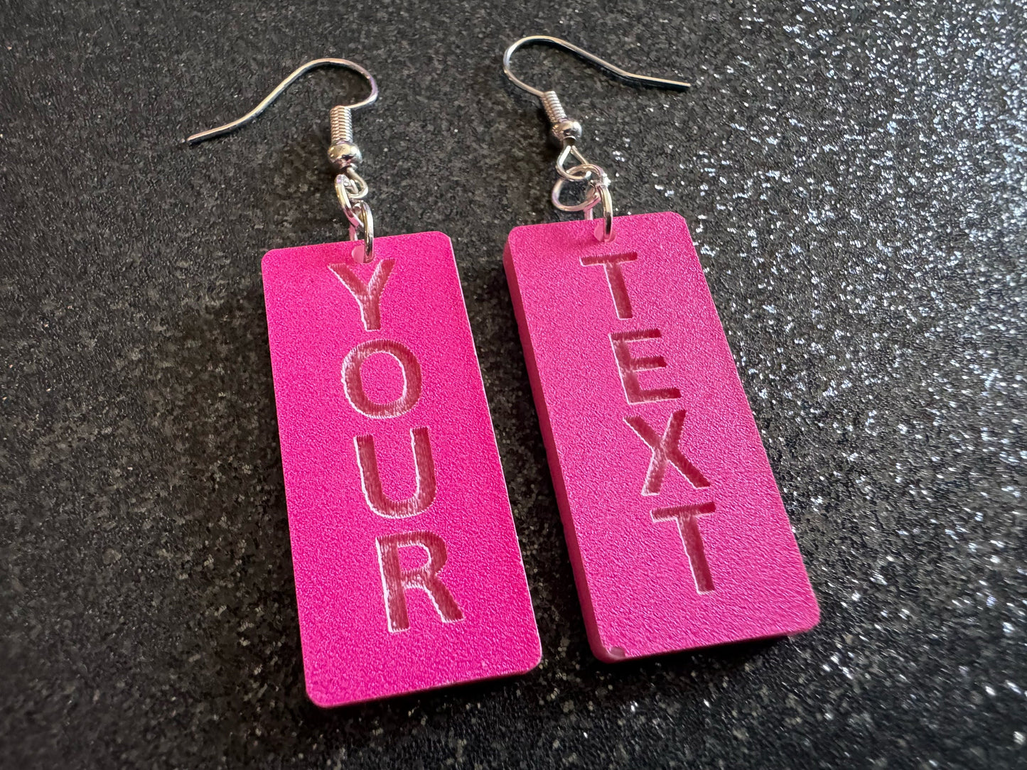 Custom Text Earrings: Laser Engraved Words, Pink with Pink Text, Letters, Names, Teacher Gift, Anniversary, Best Gifts for Her/Him/Them