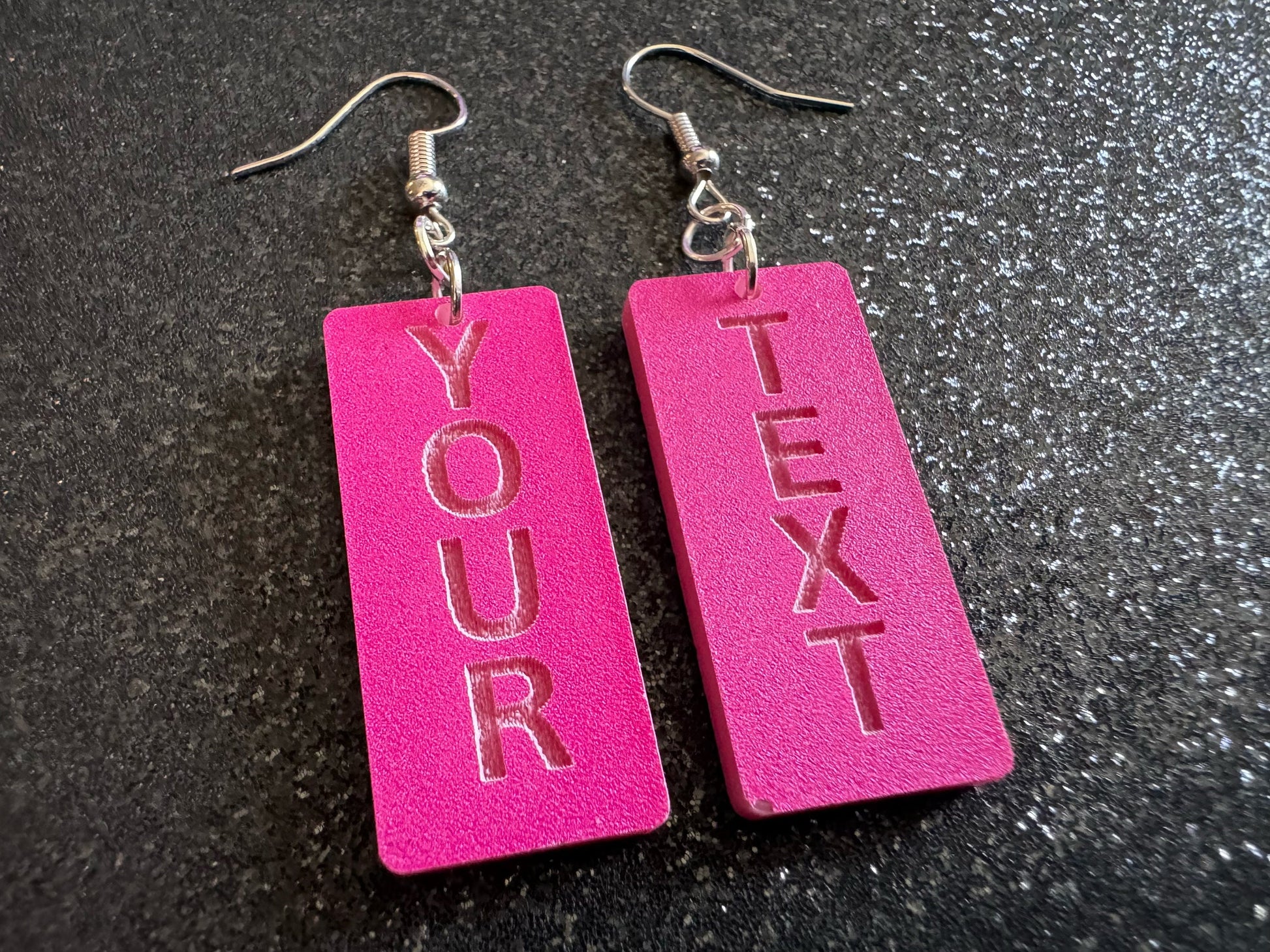 Custom Text Earrings: Laser Engraved Words, Pink with Pink Text, Letters, Names, Teacher Gift, Anniversary, Best Gifts for Her/Him/Them