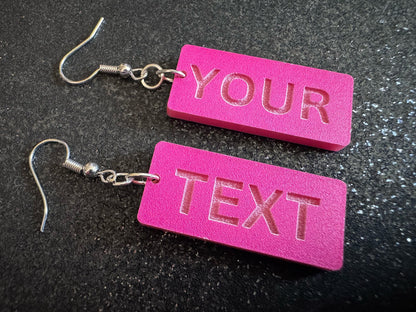 Custom Text Earrings: Laser Engraved Words, Pink with Pink Text, Letters, Names, Teacher Gift, Anniversary, Best Gifts for Her/Him/Them