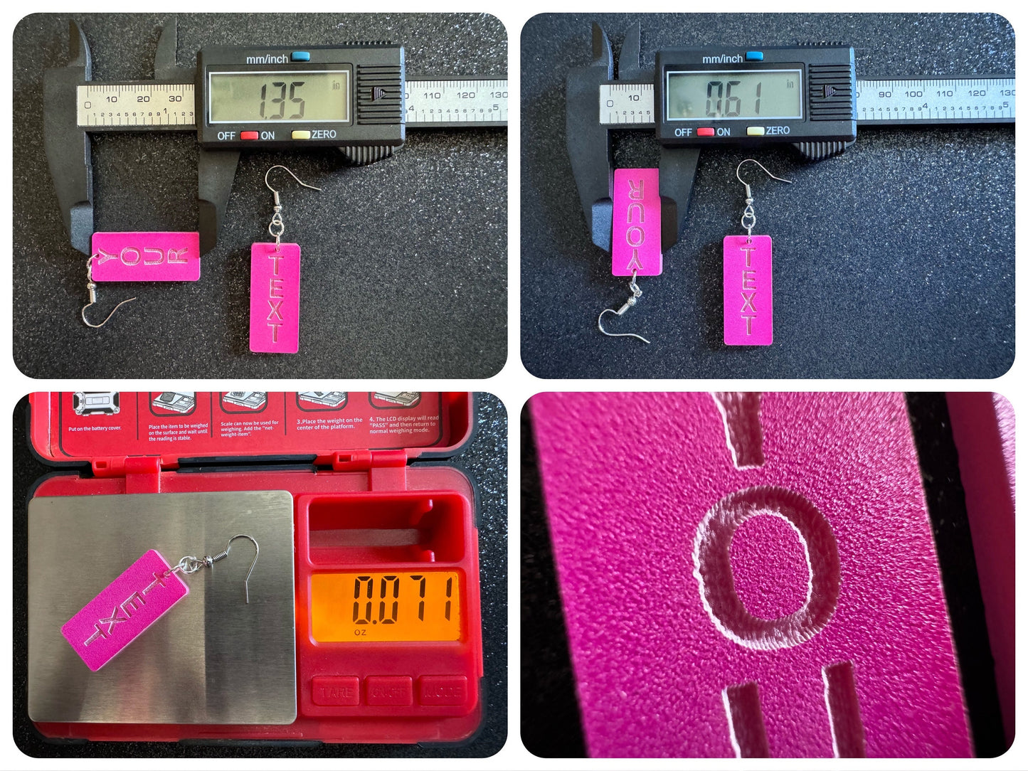 Custom Text Earrings: Laser Engraved Words, Pink with Pink Text, Letters, Names, Teacher Gift, Anniversary, Best Gifts for Her/Him/Them