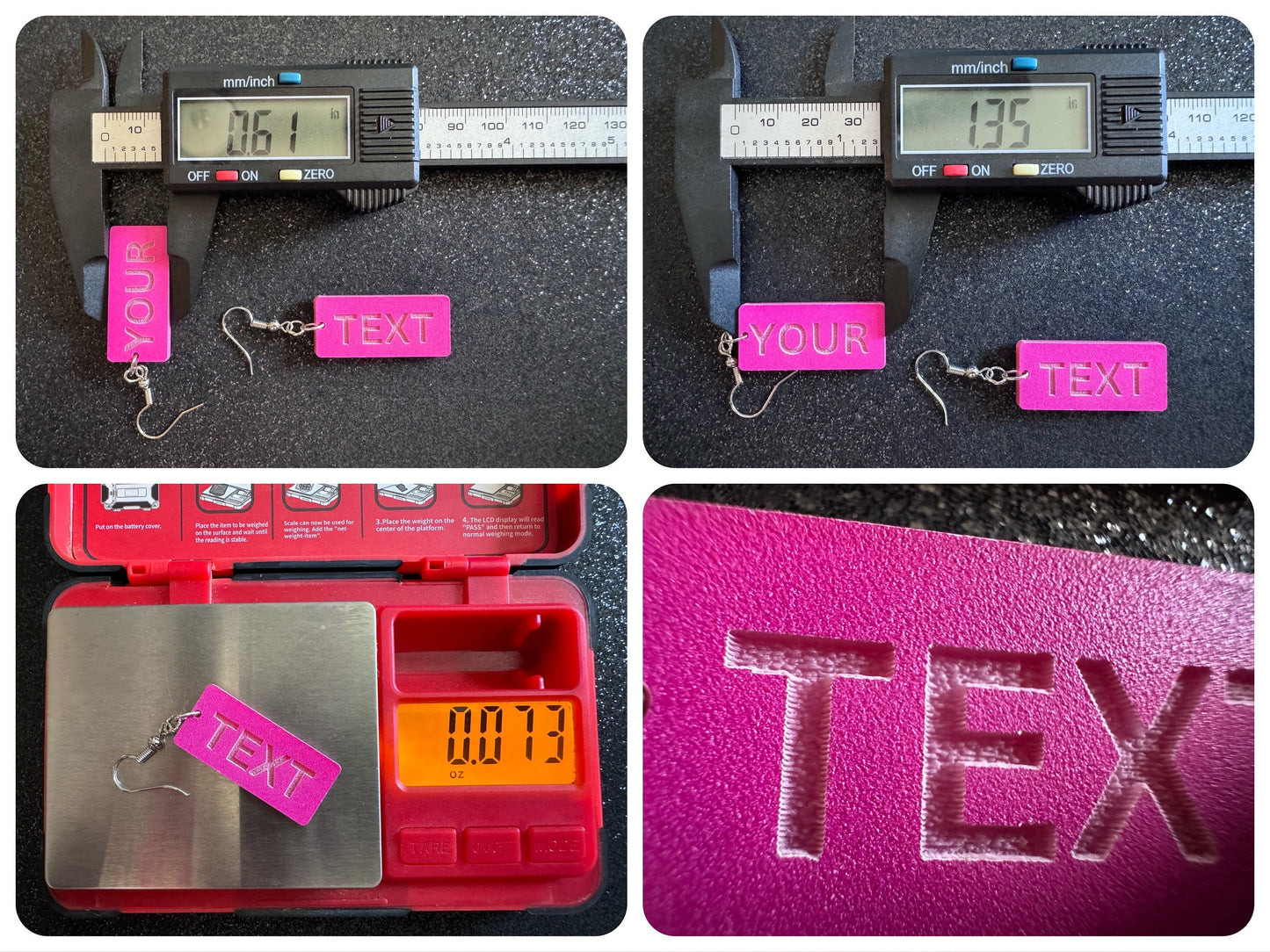 Custom Text Earrings: Laser Engraved Words, Pink with Pink Text, Letters, Names, Teacher Gift, Anniversary, Best Gifts for Her/Him/Them