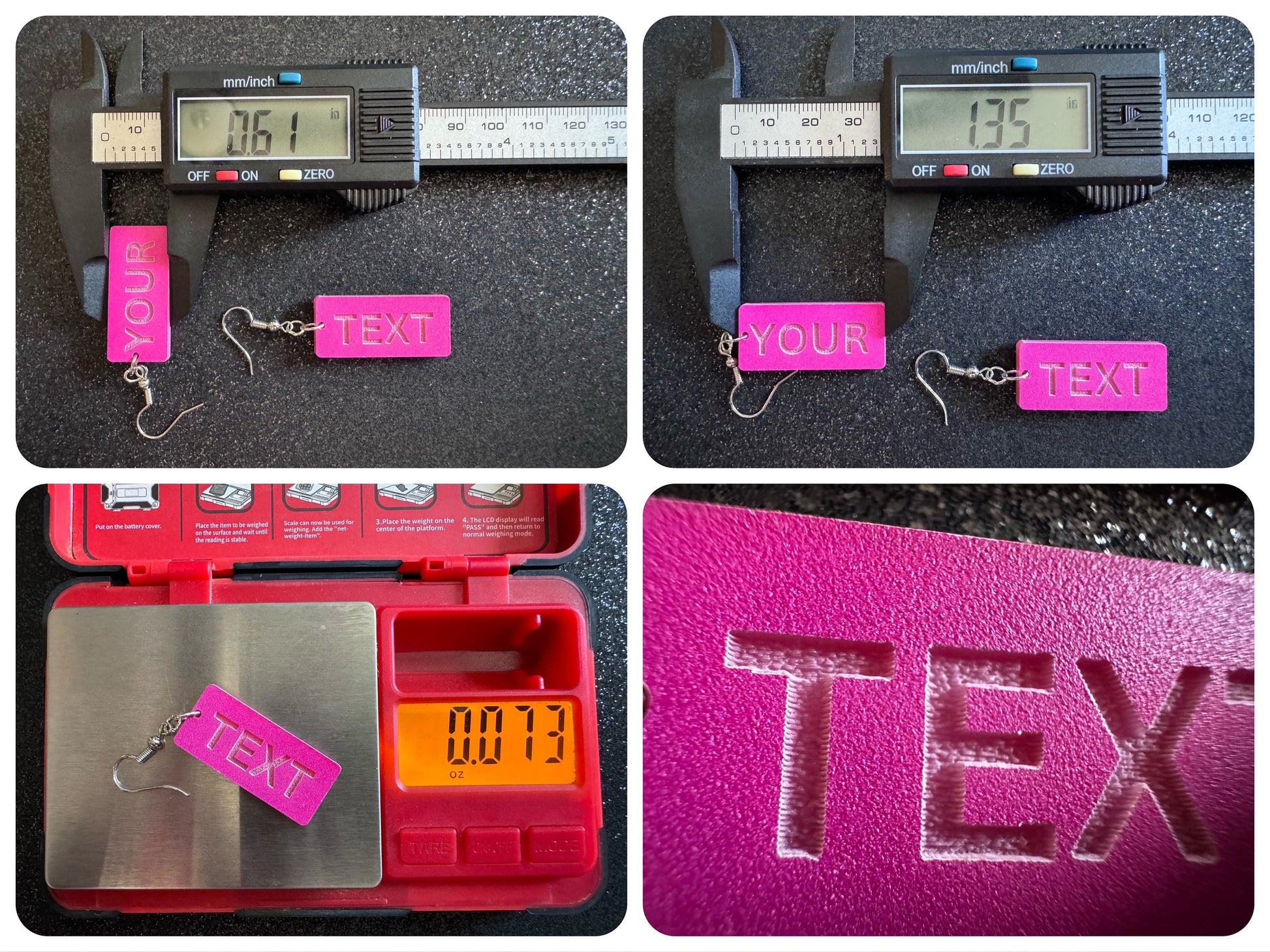 Custom Text Earrings: Laser Engraved Words, Pink with Pink Text, Letters, Names, Teacher Gift, Anniversary, Best Gifts for Her/Him/Them